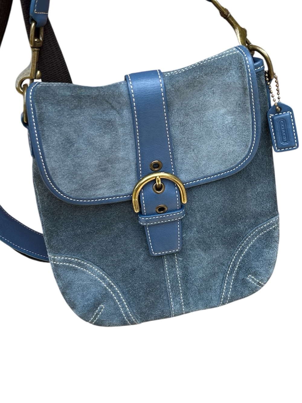 vintage Coach Soho buckle flap crossbody bag blue suede with leather trim